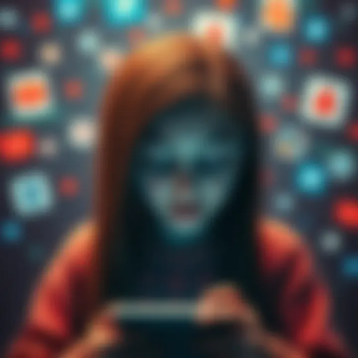 A distressed artist surrounded by social media notifications and shadows representing cyberstalking