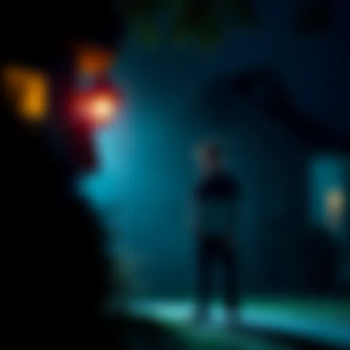 A young artist stands nervously outside his family home in Denver, surrounded by shadows and whispers in the dark.