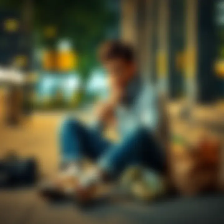 A young person sitting on a sidewalk, looking worried, with hands clasped together in prayer, surrounded by personal belongings and a small bag of groceries.