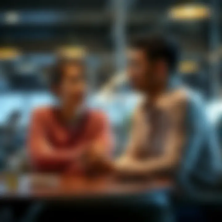 A young couple sitting at a table, having a serious conversation about their relationship, with a mix of emotions on their faces.