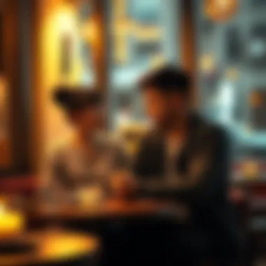 Young couple discussing love A young couple sitting in a cozy cafe, talking about love and relationships, surrounded by warm lighting and a relaxed atmosphere.