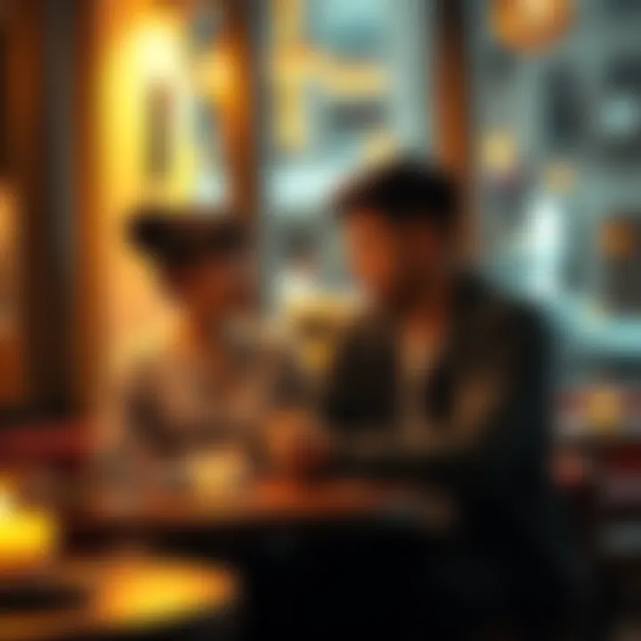 Young couple discussing love A young couple sitting in a cozy cafe, talking about love and relationships, surrounded by warm lighting and a relaxed atmosphere.