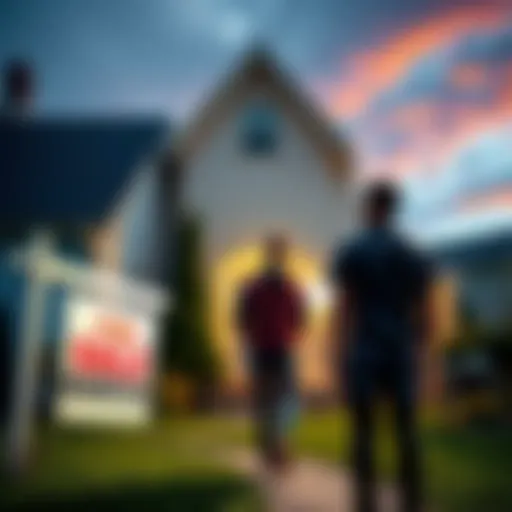 A young couple stands outside a house with a for sale sign, showing concern over rising home prices and mortgage rates
