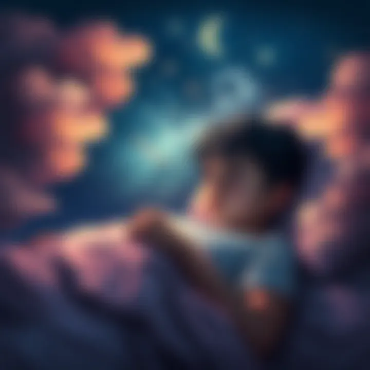 Young Dreamer in Bed A teenager lying in bed with a thoughtful expression, surrounded by dreamlike elements like swirling clouds and stars, symbolizing lucid nightmares.