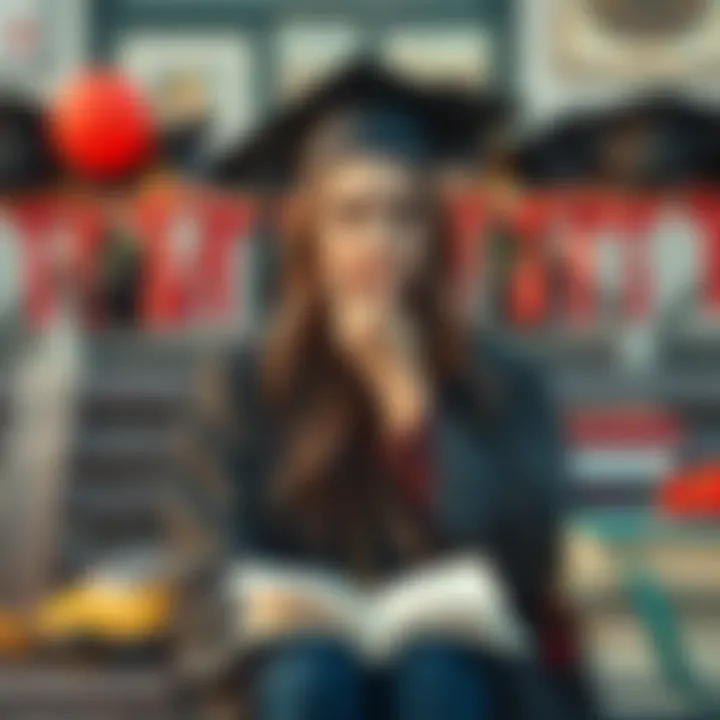 A 22-year-old woman sitting on a bench, looking thoughtful and tired, surrounded by graduation decorations and books, symbolizing her struggles with uncertainty about the future.