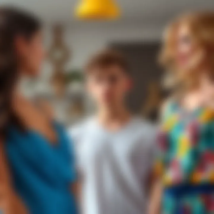 A young man looks unsure while talking to two women, one is dressed in flowing blue and the other in bright colorful attire, representing a Pisces and Gemini. The setting is casual and relaxed.