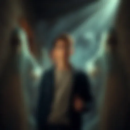 A young man stands in an old house, looking startled as ghostly figures appear around him. Shadows and eerie lights create a haunting atmosphere, with a sense of contact between him and the spirits.