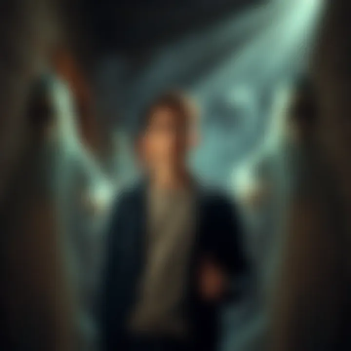 A young man stands in an old house, looking startled as ghostly figures appear around him. Shadows and eerie lights create a haunting atmosphere, with a sense of contact between him and the spirits.