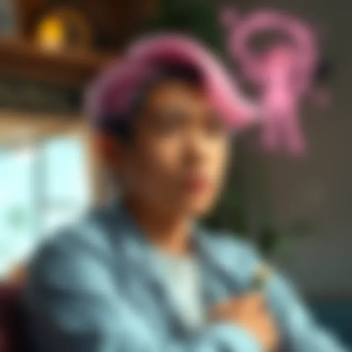 A young man with a thoughtful expression recalls a vivid dream about a pink-haired girl who turns into a pencil, sitting in a nostalgic setting.