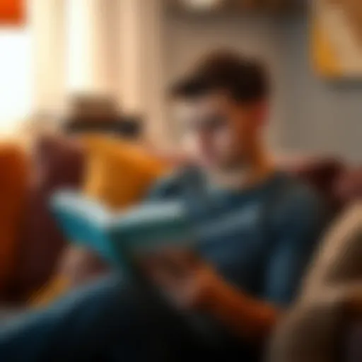 A 23-year-old male sits comfortably on a couch, reading a book with a thoughtful expression.