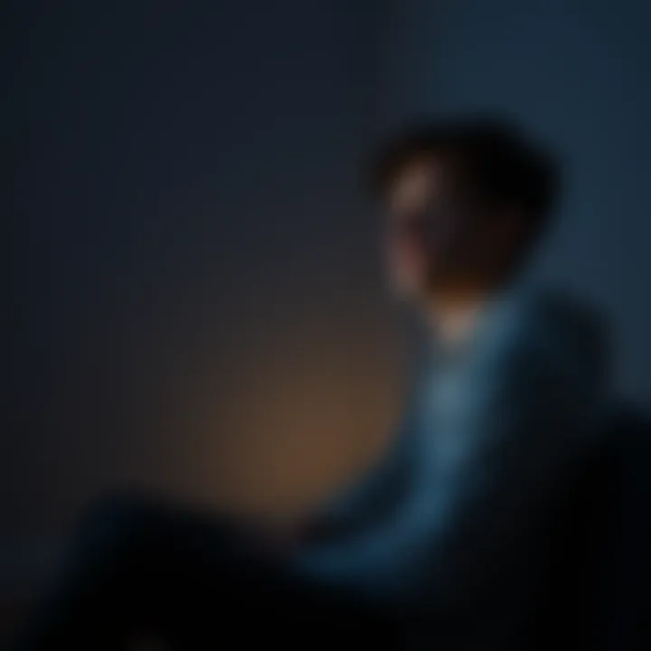 A young man sitting alone in a dimly lit room, looking contemplative with a worried expression, symbolizing an inner struggle with life and meaning after a challenging psychedelic experience.