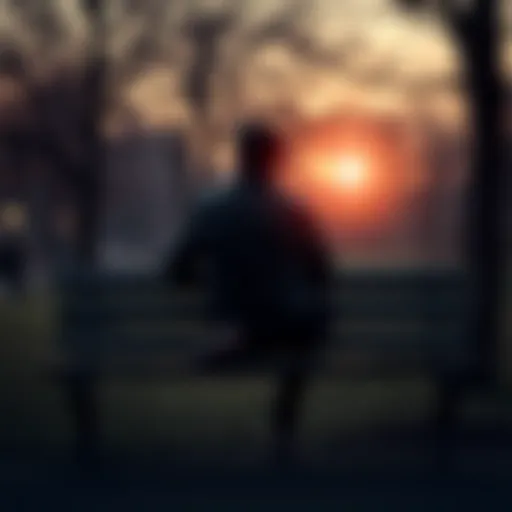 A young widower sits alone on a park bench, deep in thought, reflecting on his loss and seeking comfort.