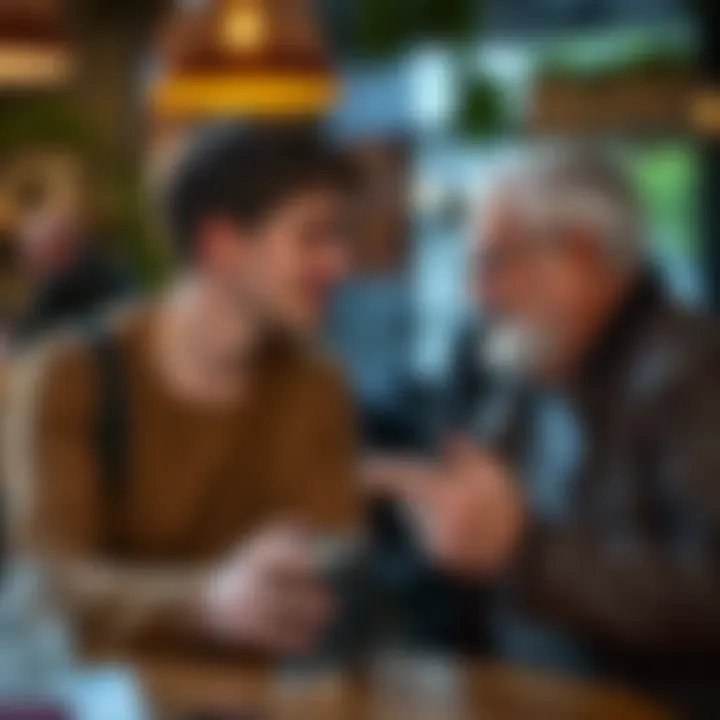 A young man engaged in conversation with an older man at a coffee shop, showing a friendly exchange between generations.