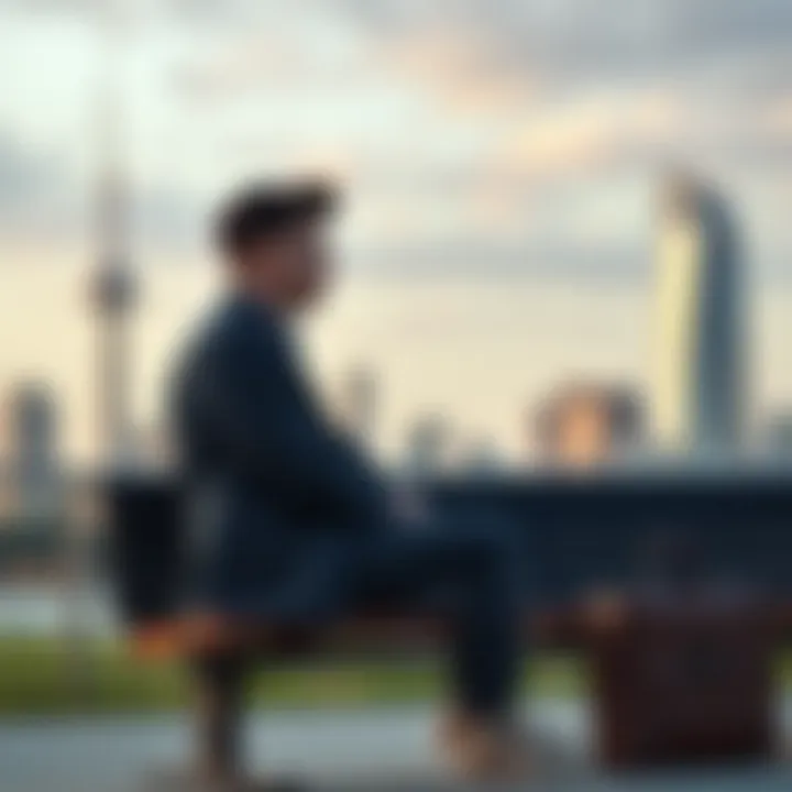 A 22-year-old man sitting on a bench, looking thoughtful, with a briefcase beside him and a skyline in the background, representing career and relationship decisions.