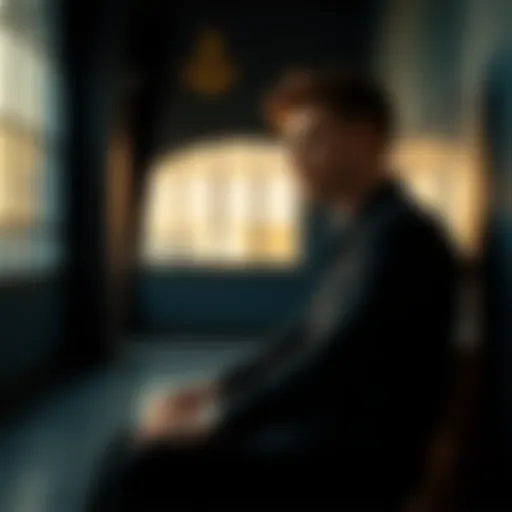 A 27-year-old man sits thoughtfully in a quiet setting, looking at a masonic symbol, reflecting on his decision to join Freemasonry after his upbringing as a Jehovah's Witness.