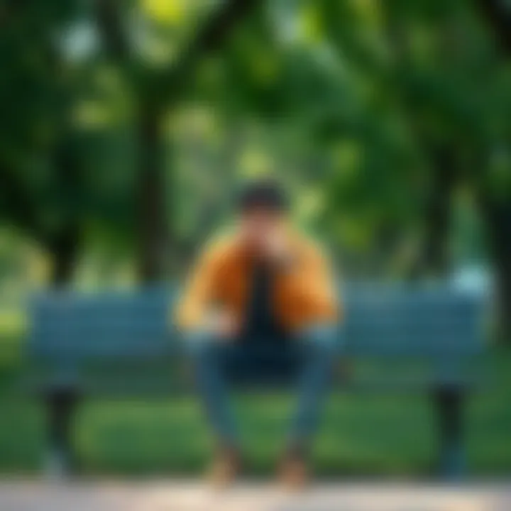 A 25-year-old male sitting on a park bench, looking contemplative while surrounded by trees and nature, reflecting on life choices and experiences.