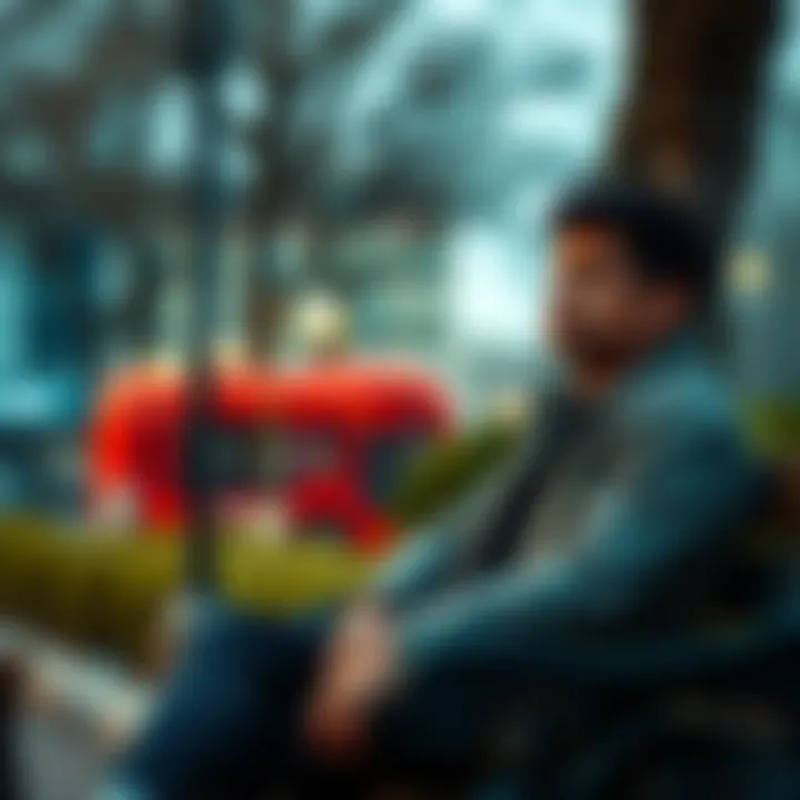 A young man sitting on a park bench, looking pensive and lost in thought, with a distant expression reflecting confusion and longing, as he recalls moments of love.