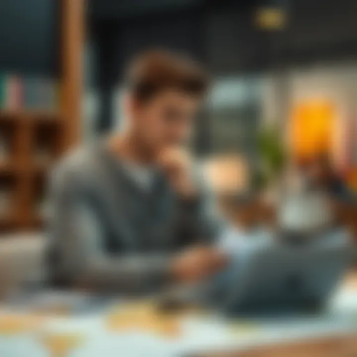 A 23-year-old man sits at a table, studying a world map with a concerned expression, symbolizing his hopes for better job and study opportunities abroad. He has a laptop and visa application documents...
