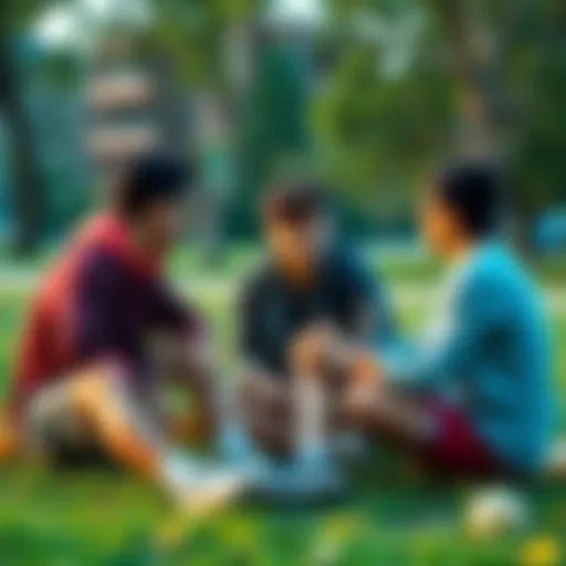 A group of young men sit together in a park, sharing their thoughts on societal expectations and personal struggles related to masculinity.