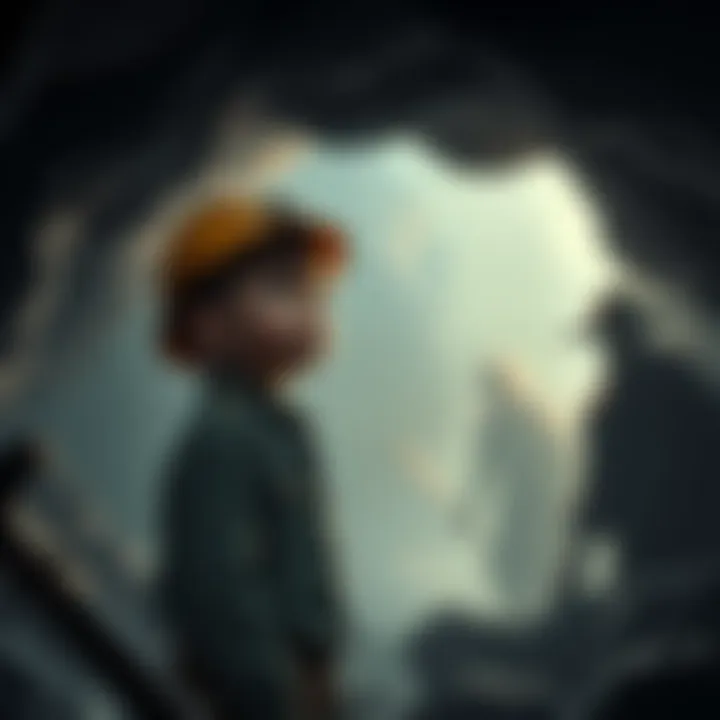 A young miner stands in a dark cave, looking surprised as a soft light glows around him, with shadowy figures in the background