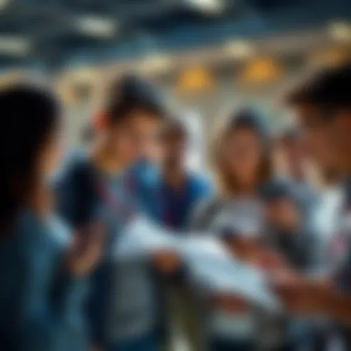 A group of young adults engaged in a serious discussion, some holding papers and others with phones, symbolizing the debate around 9/11 conspiracy theories.