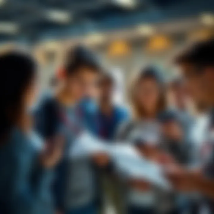 A group of young adults engaged in a serious discussion, some holding papers and others with phones, symbolizing the debate around 9/11 conspiracy theories.