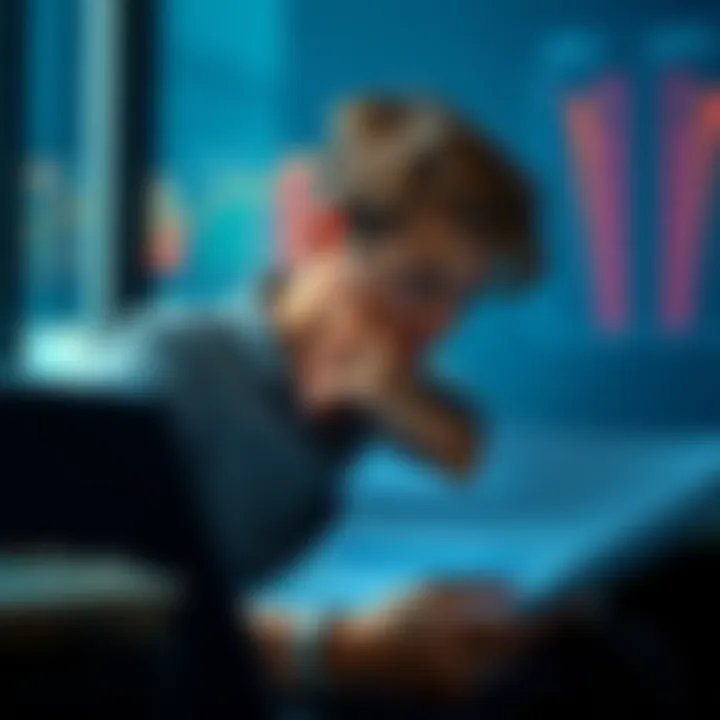 A 19-year-old looks troubled while studying a chart on a laptop, showing signs of concern and reflection, with a thoughtful expression on his face.