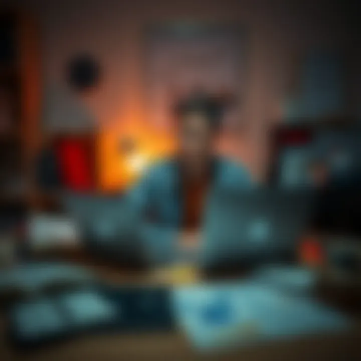 A young individual sitting at a desk with a laptop, looking thoughtful while surrounded by career-related materials, representing uncertainty in career paths.