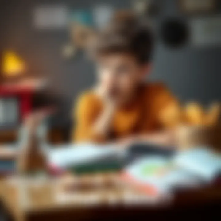 A young individual sitting at a desk with books and food, weighing options for weight gain and academic success.