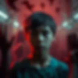 A young person appears distressed, surrounded by dark imagery hinting at exploitation and manipulation, symbolizing the horrors of the online cult '764'.