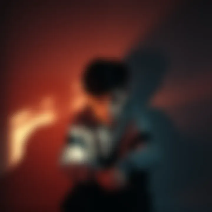 A teenager sitting alone, looking worried and deep in thought, with shadows around them representing turmoil