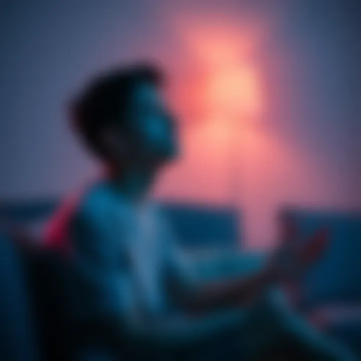 A young individual sitting peacefully, eyes closed, concentrating to relieve deep muscle pain.