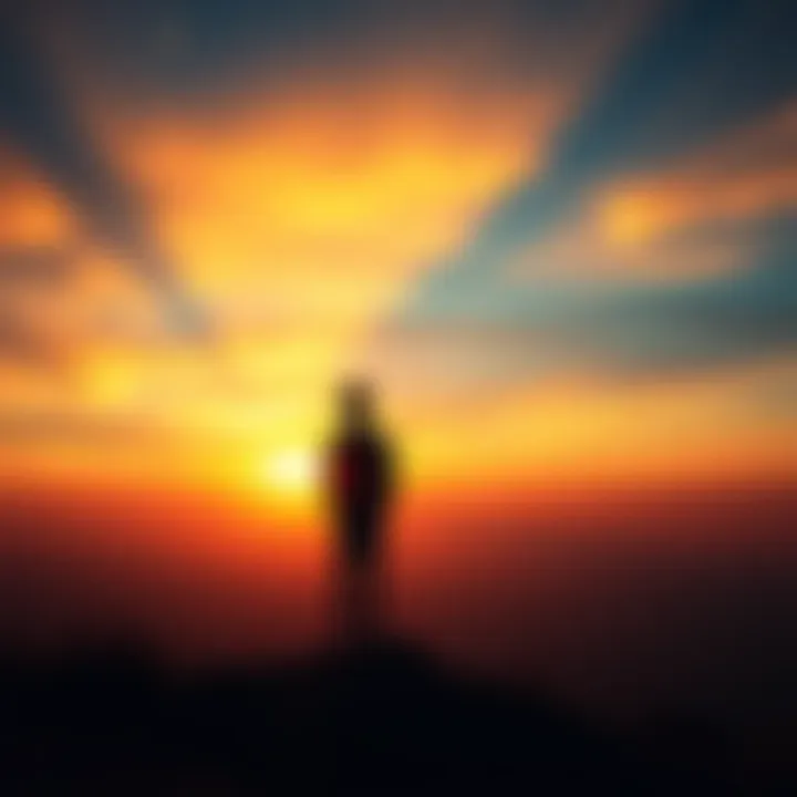 Young person looking towards the horizon A young person stands on a hill, gazing at the sunset, symbolizing hope and the search for purpose.