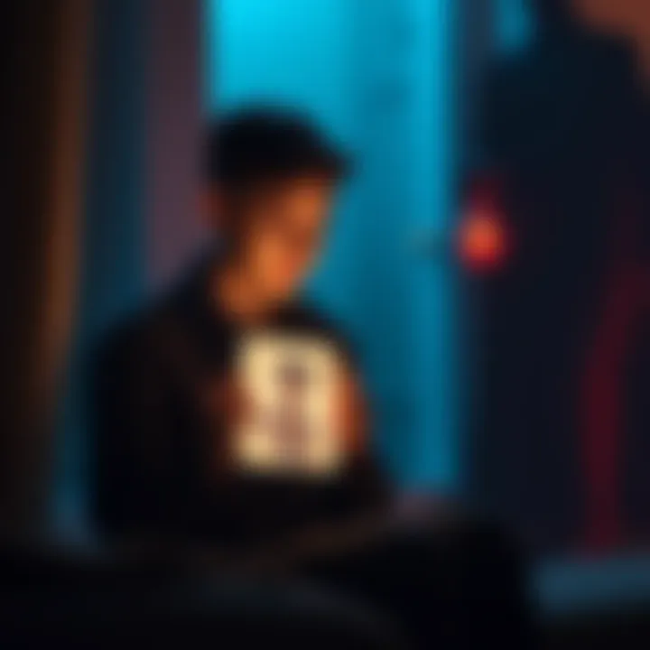 An 18-year-old sitting in a dimly lit room, holding an iPad with a flickering screen, while a mysterious shadowy figure looms nearby.