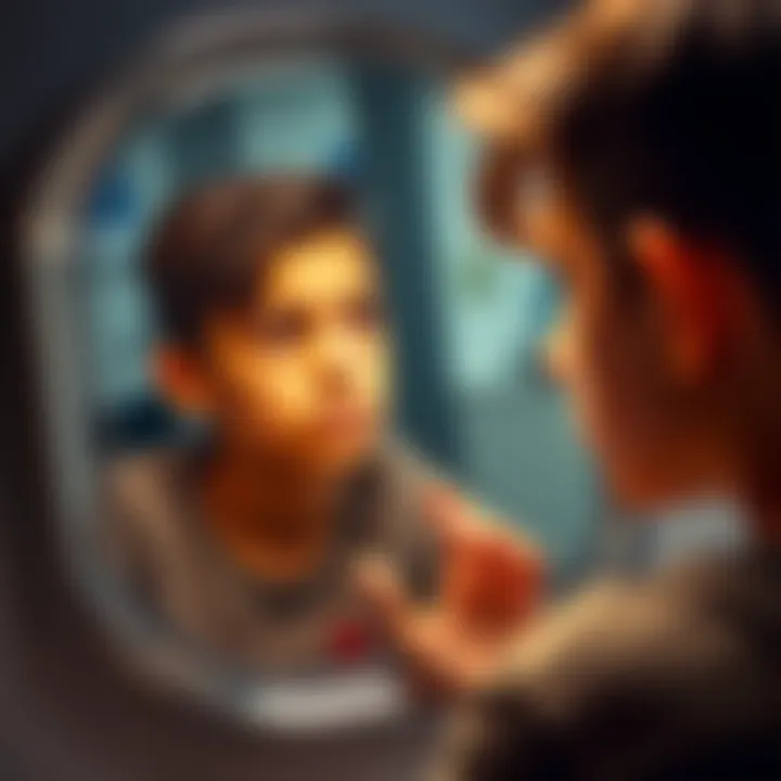An 18-year-old looking at their reflection with a thoughtful expression, contemplating aging and youthfulness.