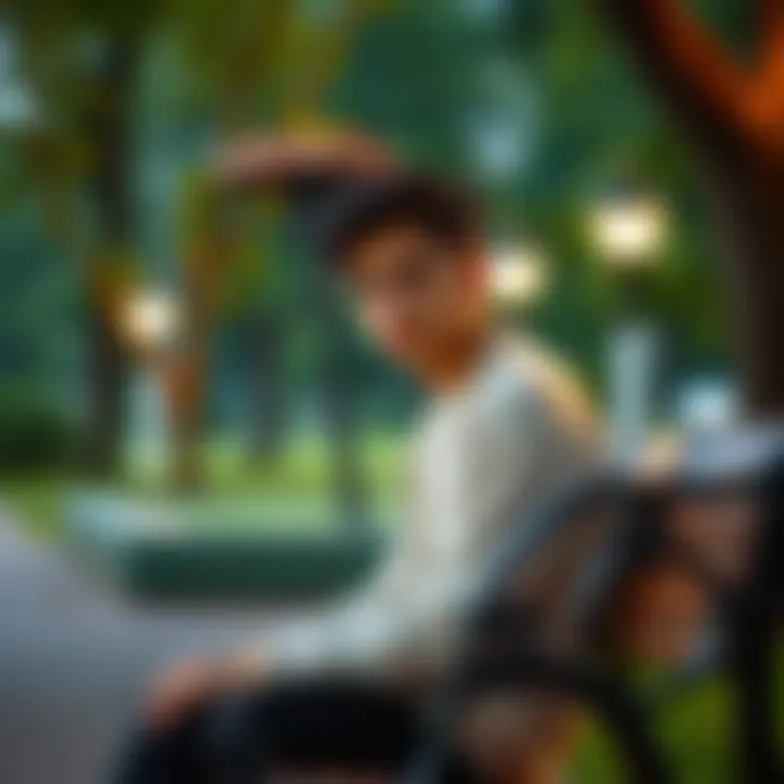 A young person sitting on a park bench, deep in thought about life and reincarnation, with a serene expression.