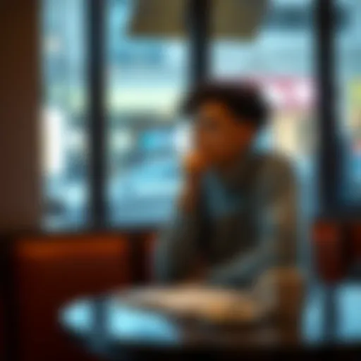 A 27-year-old person sits alone, reflecting on their relationship struggles at a cafe table with a notebook and a coffee cup, looking for clarity and guidance.