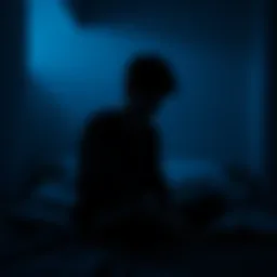 A 28-year-old individual looking down with a somber expression, seated on a bed surrounded by dim light, symbolizing a struggle with depression.
