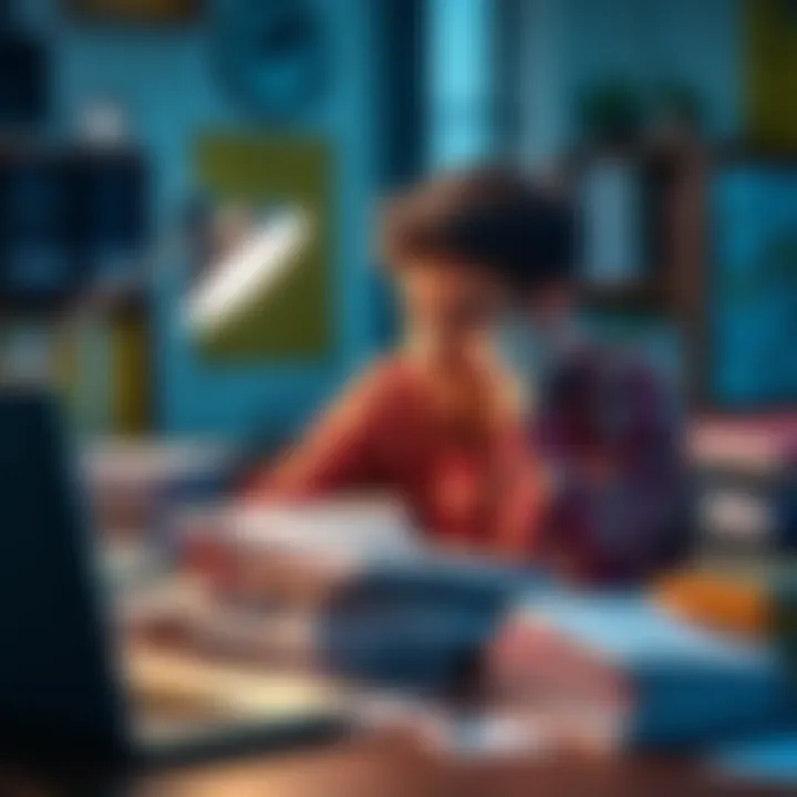 A 23-year-old sitting at a desk, surrounded by books and notes, looking overwhelmed and anxious about career challenges and deadlines.