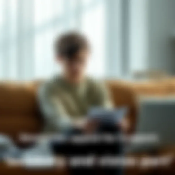 A young adult sits on a couch, looking down with a worried expression, surrounded by papers and a laptop, symbolizing anxiety and caregiving responsibilities.