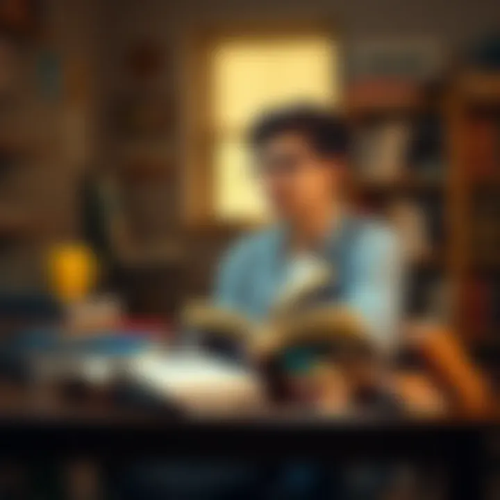 A 19-year-old student sitting at a desk, surrounded by books, deep in thought about studying abroad at Ivy League schools.