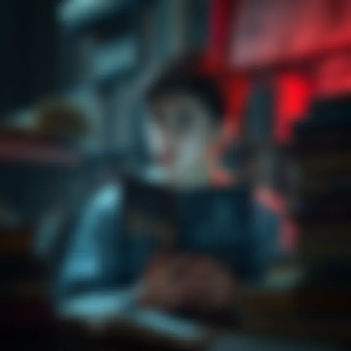 A young person surrounded by books on demonology, looking contemplative while holding a book about Lucifer.