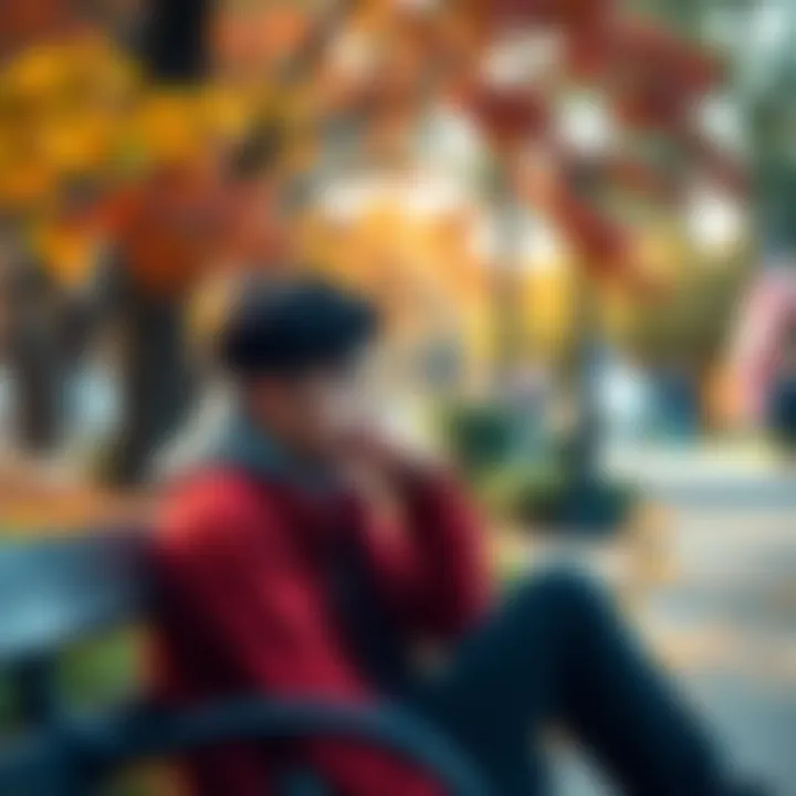 A 19-year-old deep in thought, looking contemplative while sitting on a bench in a park, surrounded by nature.