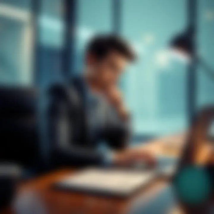A young man in business attire sitting at a desk, looking thoughtfully at a laptop with a notepad in front of him, considering his career choices.