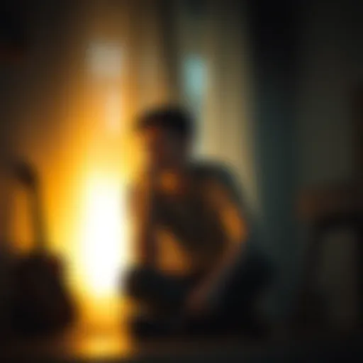 A 22-year-old spiritualist sits in a dimly lit room, looking contemplative with a guitar resting beside him, symbolizing his connection to music and his struggles.