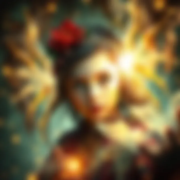 A young girl surrounded by ethereal light, symbolizing her connection with the spirit Azazel. Elements of mysticism and nature intertwine, reflecting her journey of discovery.