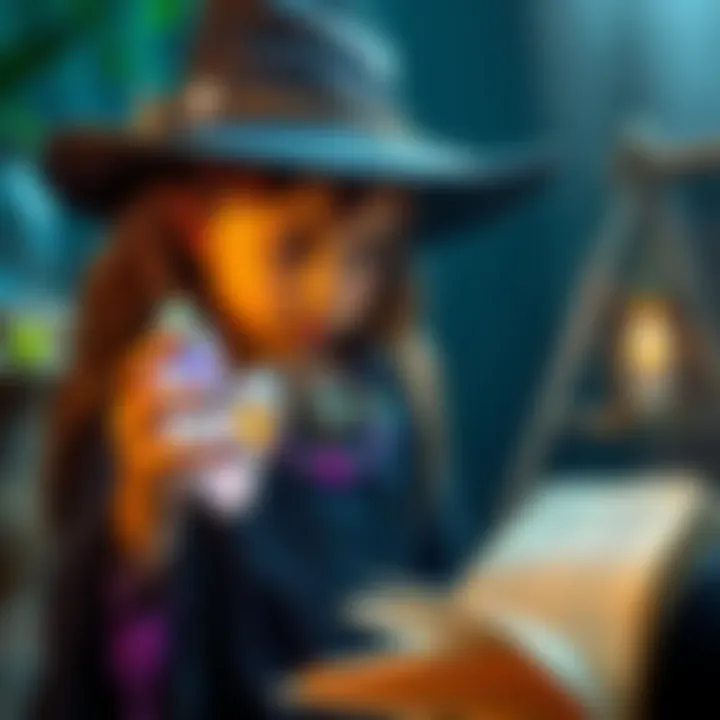 A young witch holding crystals and looking at a book of spells, symbolizing her search for guidance on abundance and influence.