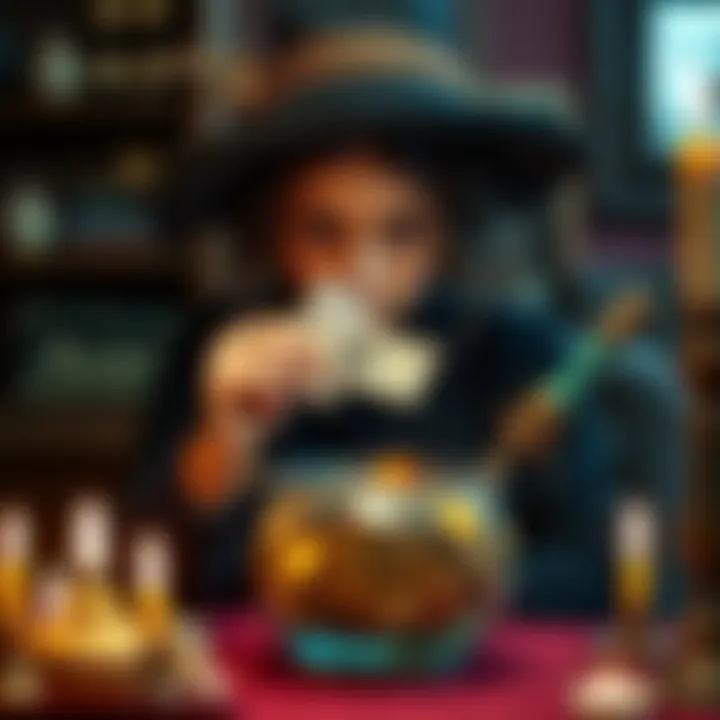 A young woman examines a colorful money bowl filled with coins and notes, sitting at a table with candles around her.