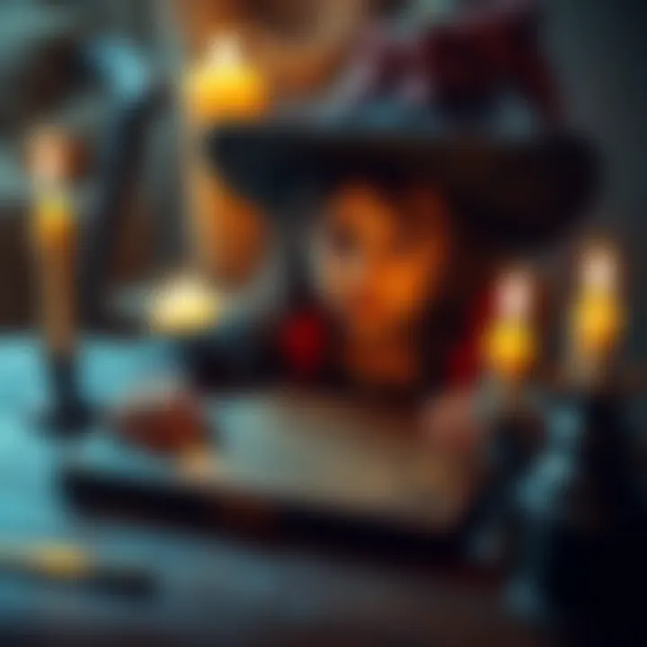 A young witch sits at a table with a Ouija board, candles flickering around her, looking thoughtful and curious as she seeks guidance on her magical journey.