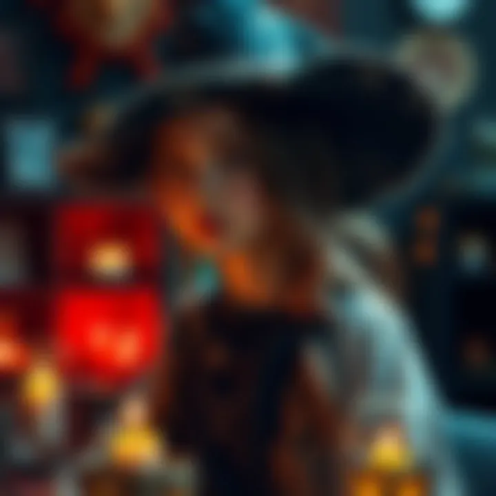 A young woman with a witch hat invites others to join her in creating a coven on Discord, surrounded by magical symbols and a cozy setting.